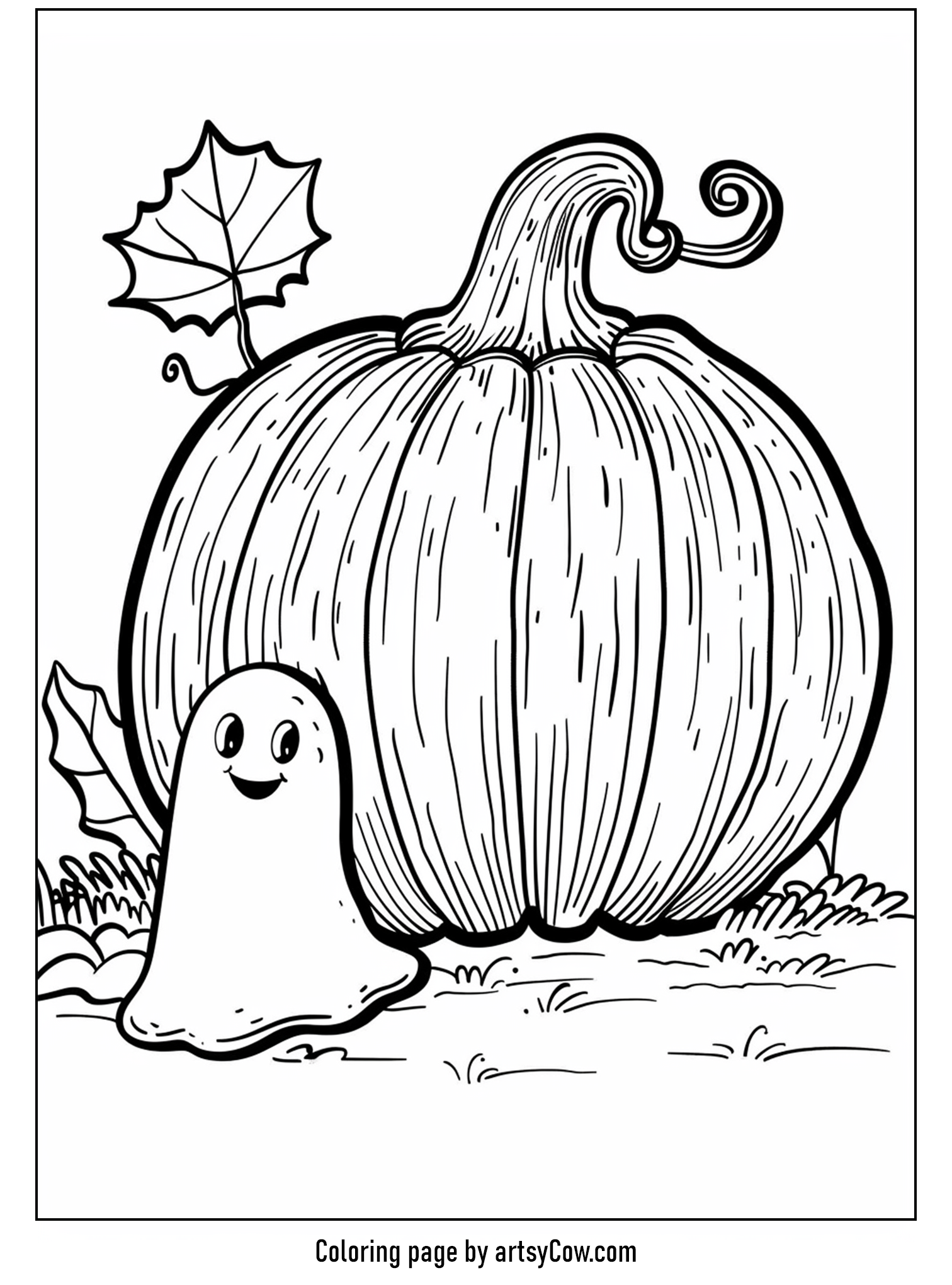 halloween pumpkin drawings for kids featuring a large pumpkin and a cheerful ghost near some autumn leaves.